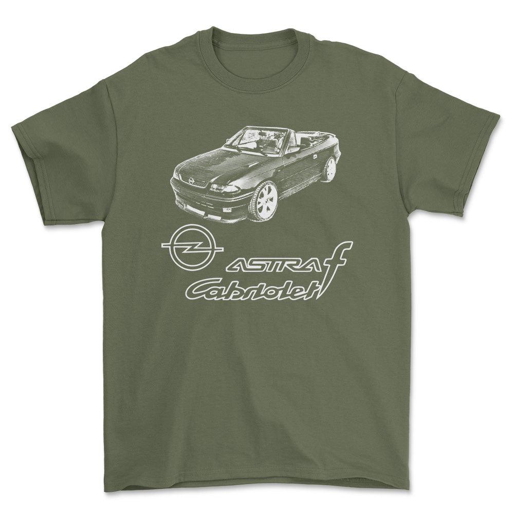 Opel - Opel Astra F Cabrio Unisex T-Shirt , Bomuld-Beklædning-Opel-Grøn Militær-S-Forside-Garage Culture Shop- garage - man cave - merchandise