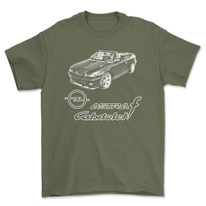 Opel - Opel Astra F Cabrio Unisex T-Shirt , Bomuld-Beklædning-Opel-Grøn Militær-S-Forside-Garage Culture Shop- garage - man cave - merchandise