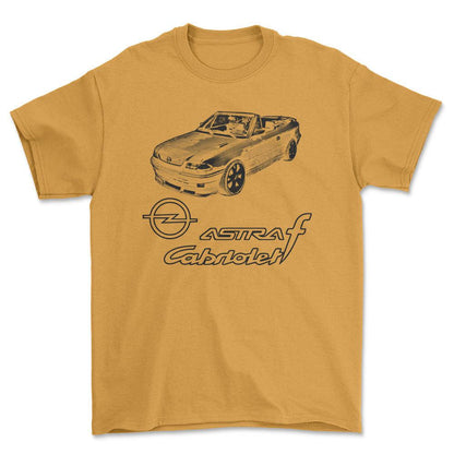 Opel - Opel Astra F Cabrio Unisex T-Shirt , Bomuld-Beklædning-Opel-Guld-S-Forside-Garage Culture Shop- garage - man cave - merchandise