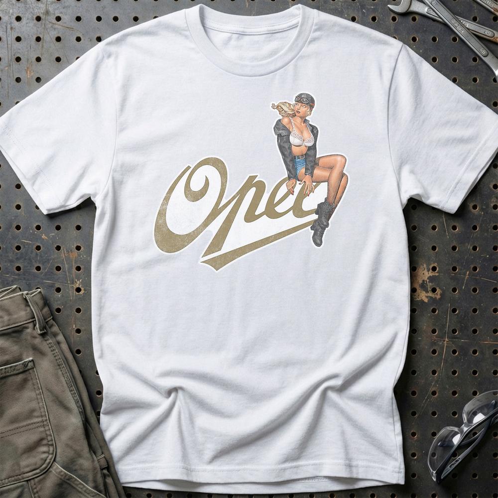 Opel Pinup T-Shirt-Beklædning-Opel-Hvid-S-Garage Culture Shop- garage - man cave - merchandise