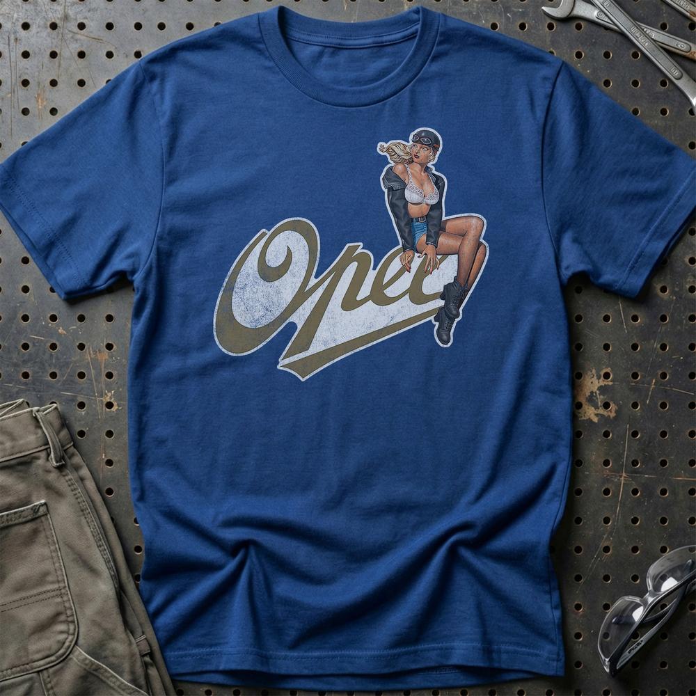 Opel Pinup T-Shirt-Beklædning-Opel-Blå Royal-S-Garage Culture Shop- garage - man cave - merchandise