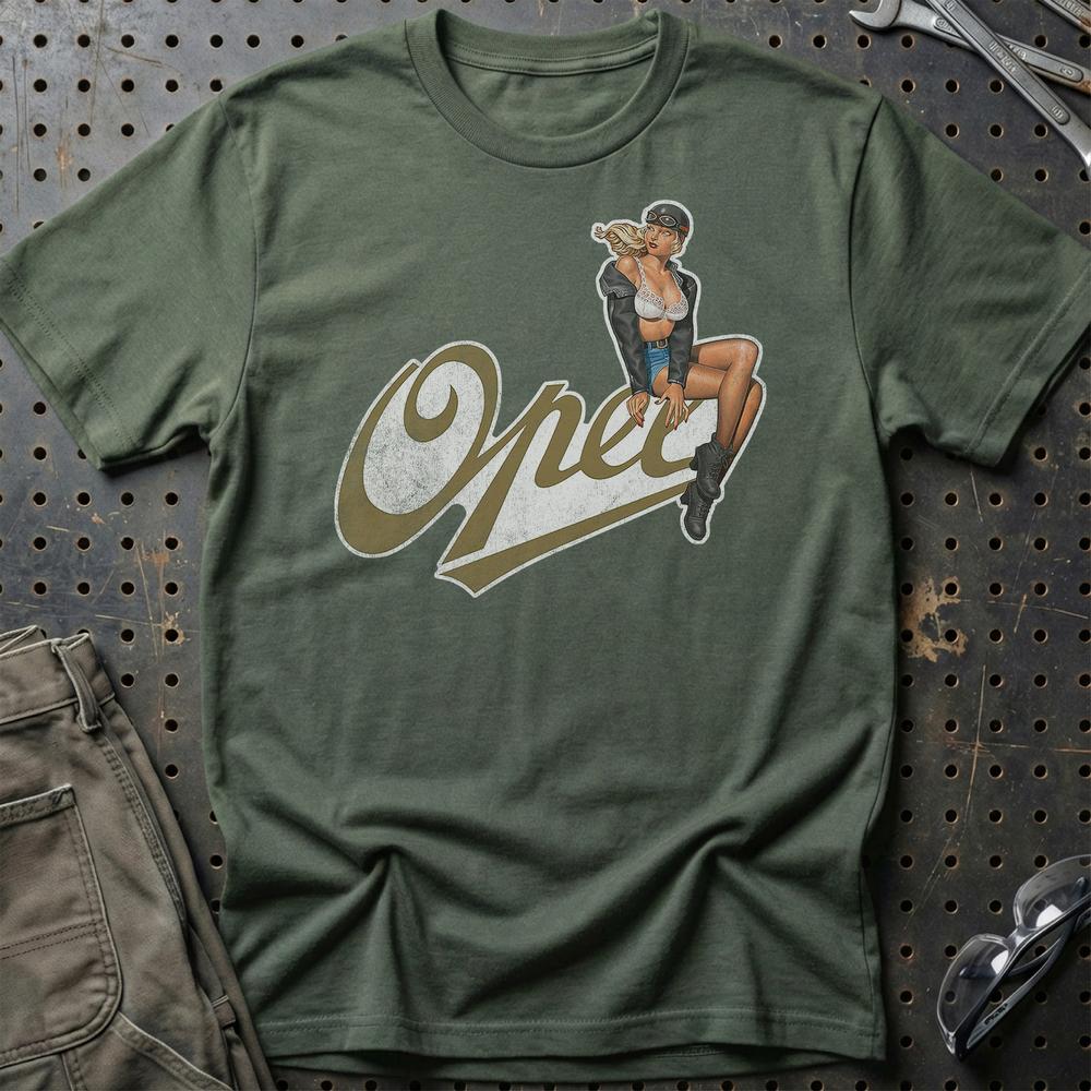 Opel Pinup T-Shirt-Beklædning-Opel-Grøn Militær-S-Garage Culture Shop- garage - man cave - merchandise