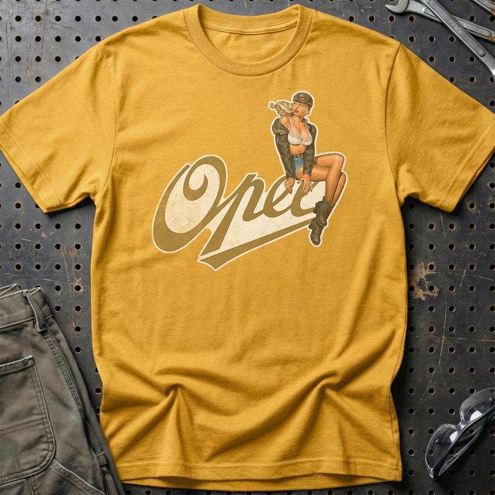 Opel Pinup T-Shirt-Beklædning-Opel-Guld-S-Garage Culture Shop- garage - man cave - merchandise