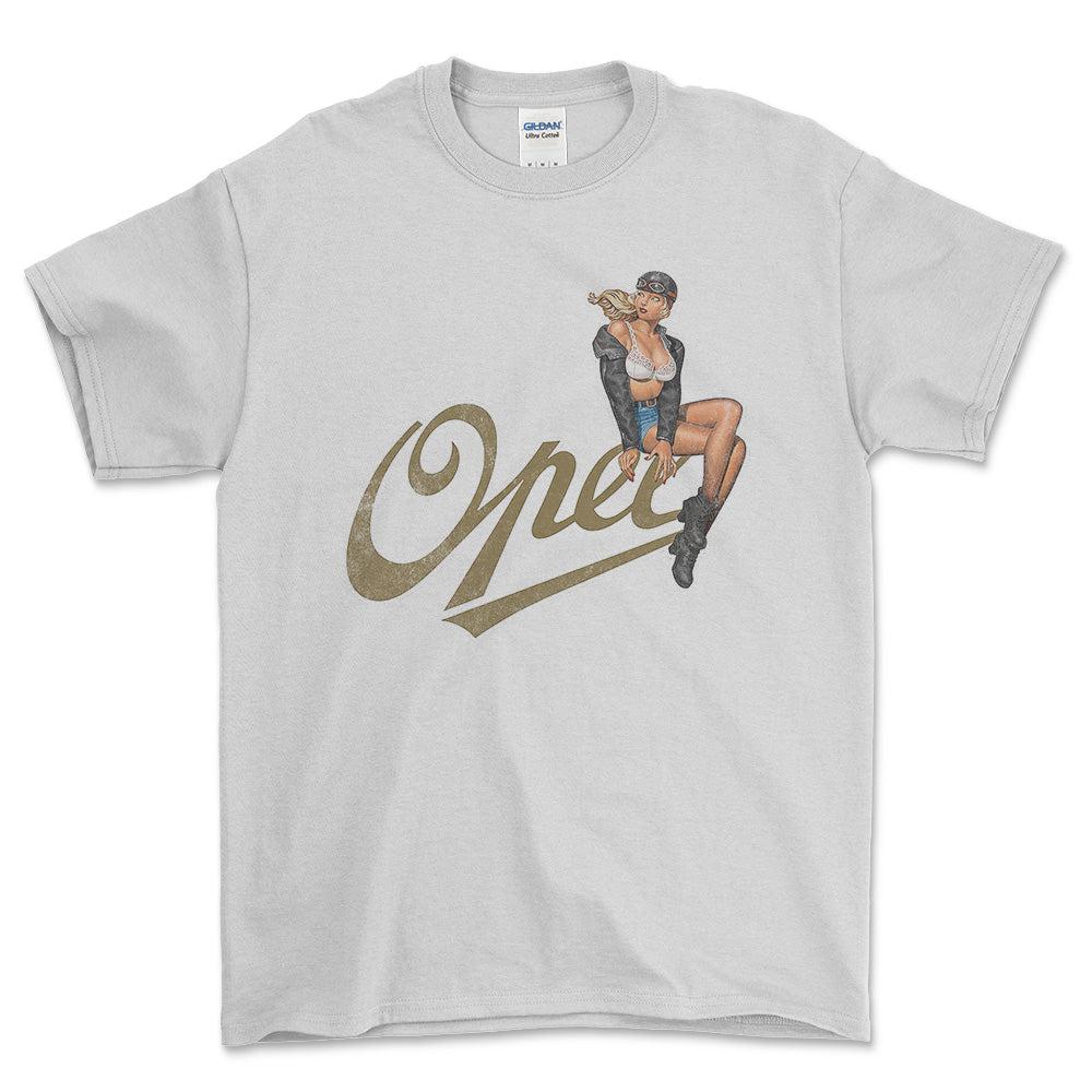 Opel Pinup - Unisex T-Shirt , Bomuld-Beklædning-Opel-Hvid-S-Forside-Garage Culture Shop- garage - man cave - merchandise