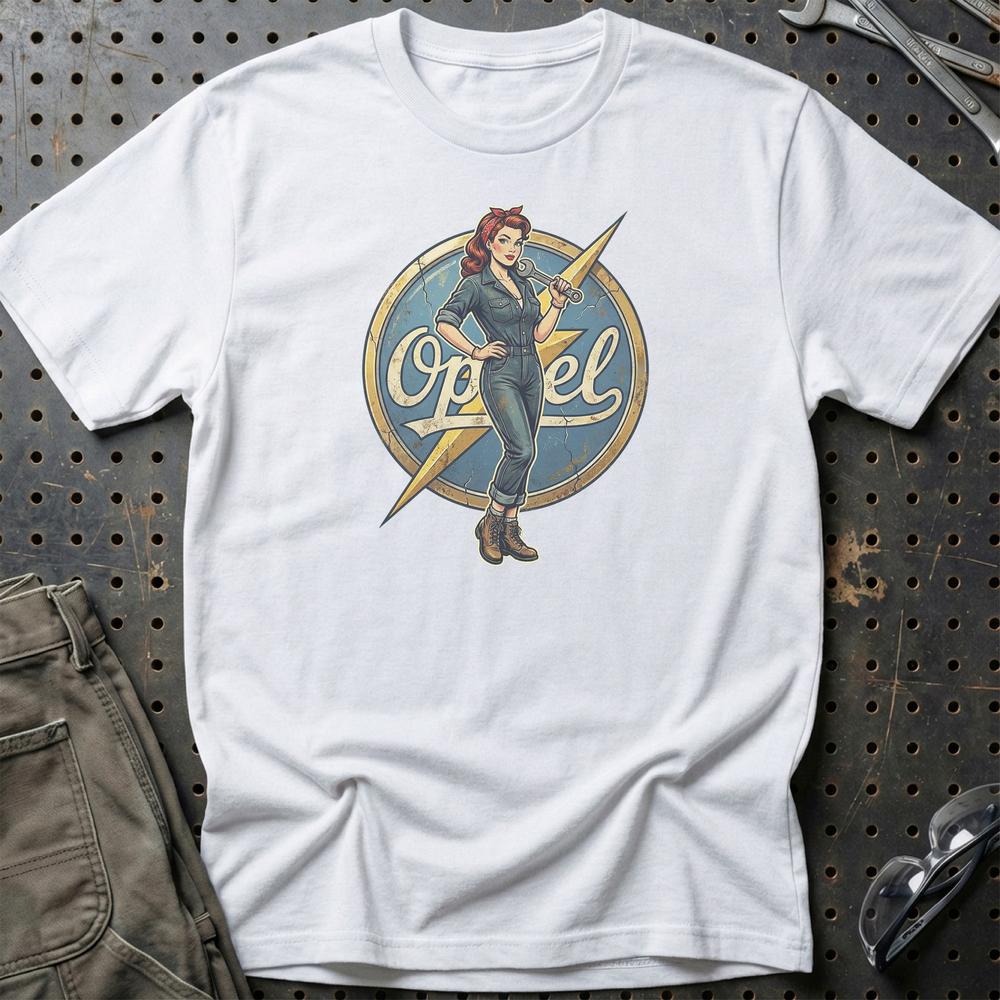 Opel Pinup - Unisex T-Shirt , Bomuld-Beklædning-Opel-Hvid-S-Garage Culture Shop- garage - man cave - merchandise