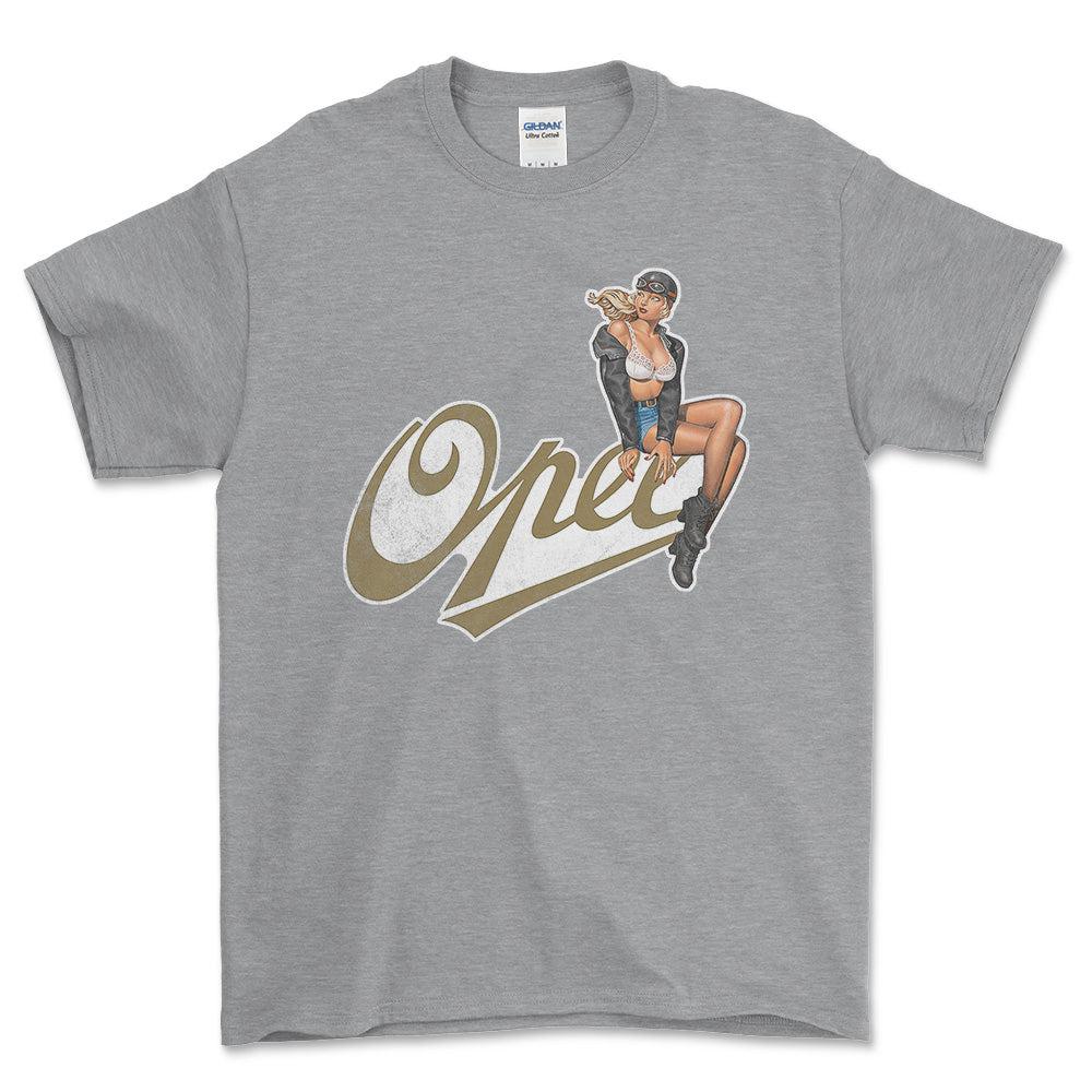 Opel Pinup - Unisex T-Shirt , Bomuld-Beklædning-Opel-Grå Sport-S-Forside-Garage Culture Shop- garage - man cave - merchandise