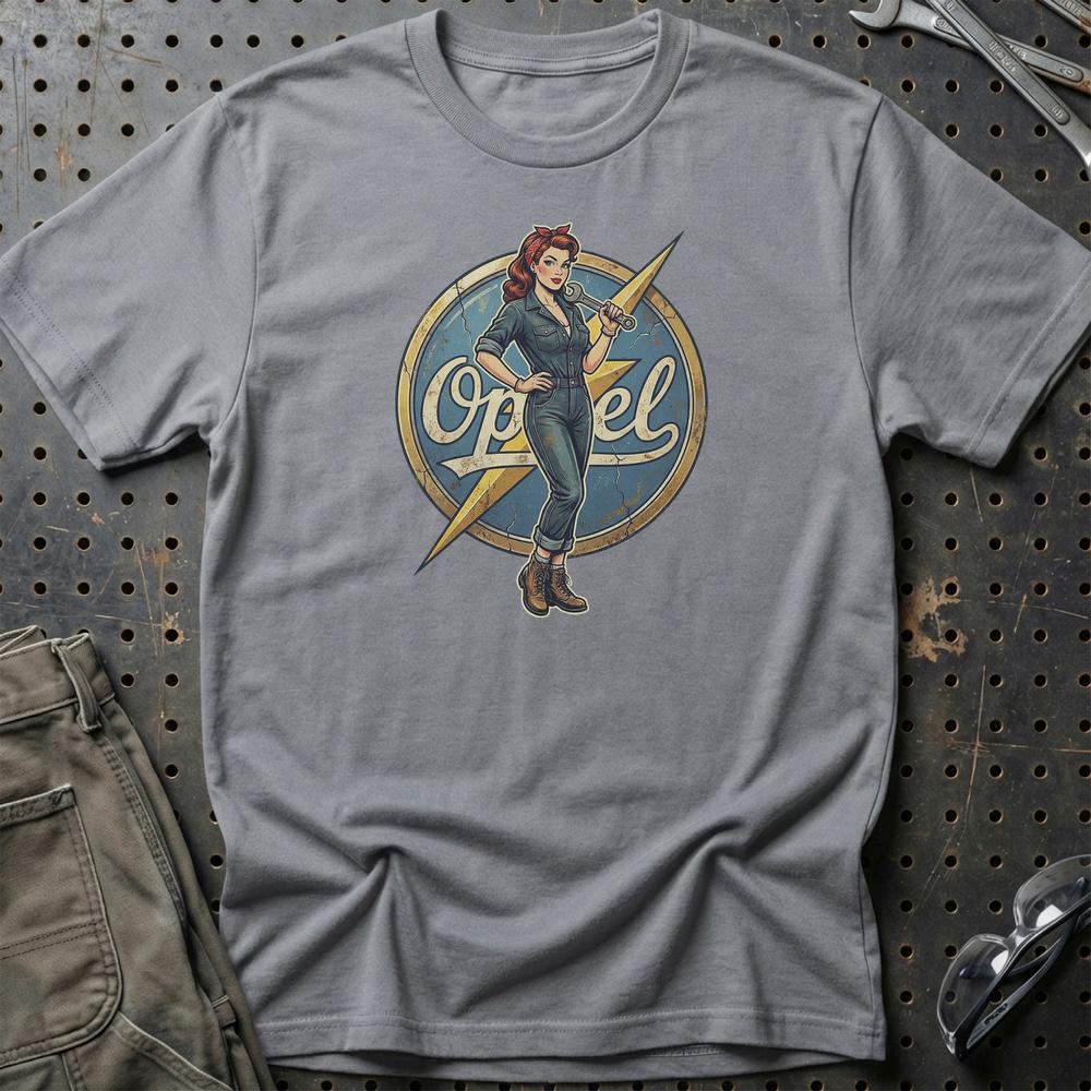 Opel Pinup - Unisex T-Shirt , Bomuld-Beklædning-Opel-Grå Sport-S-Garage Culture Shop- garage - man cave - merchandise