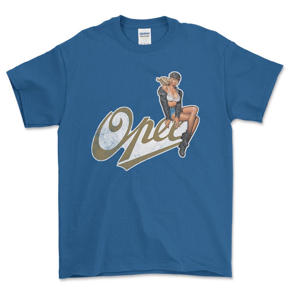Opel Pinup - Unisex T-Shirt , Bomuld-Beklædning-Opel-Blå Royal-S-Forside-Garage Culture Shop- garage - man cave - merchandise