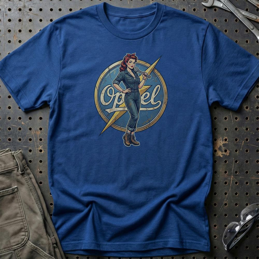 Opel Pinup - Unisex T-Shirt , Bomuld-Beklædning-Opel-Blå Royal-S-Garage Culture Shop- garage - man cave - merchandise