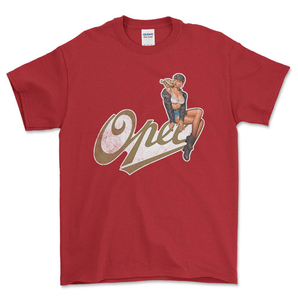Opel Pinup - Unisex T-Shirt , Bomuld-Beklædning-Opel-Rød-S-Forside-Garage Culture Shop- garage - man cave - merchandise