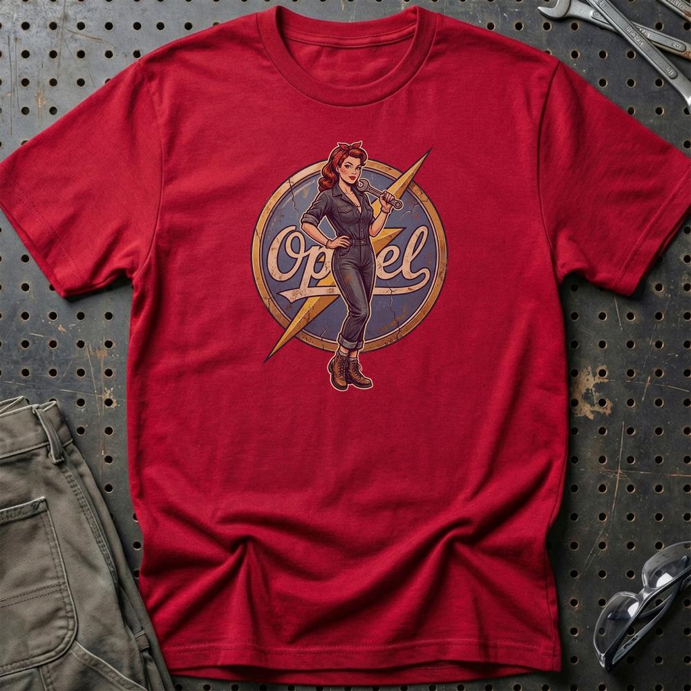 Opel Pinup - Unisex T-Shirt , Bomuld-Beklædning-Opel-Rød-S-Garage Culture Shop- garage - man cave - merchandise