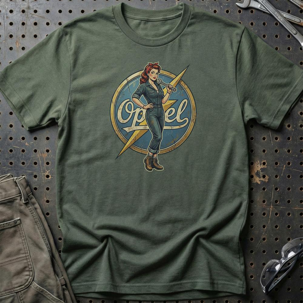 Opel Pinup - Unisex T-Shirt , Bomuld-Beklædning-Opel-Grøn Militær-S-Garage Culture Shop- garage - man cave - merchandise