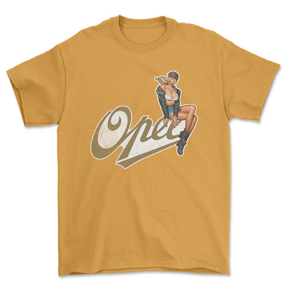Opel Pinup - Unisex T-Shirt , Bomuld-Beklædning-Opel-Guld-S-Forside-Garage Culture Shop- garage - man cave - merchandise
