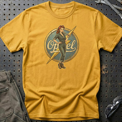 Opel Pinup - Unisex T-Shirt , Bomuld-Beklædning-Opel-Guld-S-Garage Culture Shop- garage - man cave - merchandise