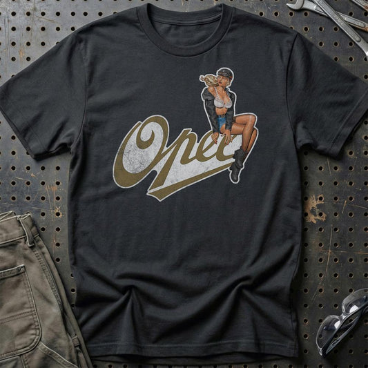 Opel Pinup - Unisex T-Shirt , Bomuld-Beklædning-Opel-Sort-S-Garage Culture Shop- garage - man cave - merchandise