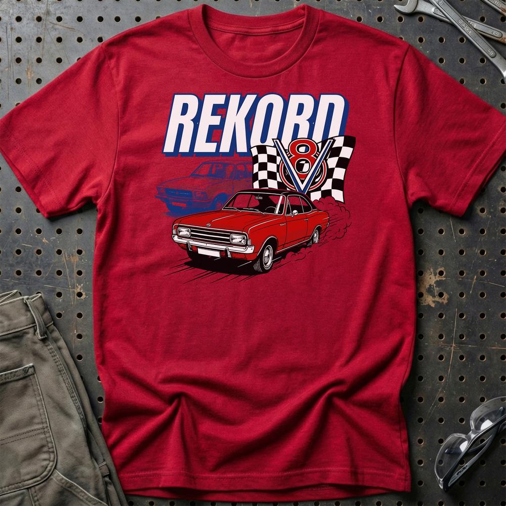 Opel Rekord C D V8 Classic German Street Car T-Shirt-Beklædning-Opel-Rød-S-Garage Culture Shop- garage - man cave - merchandise