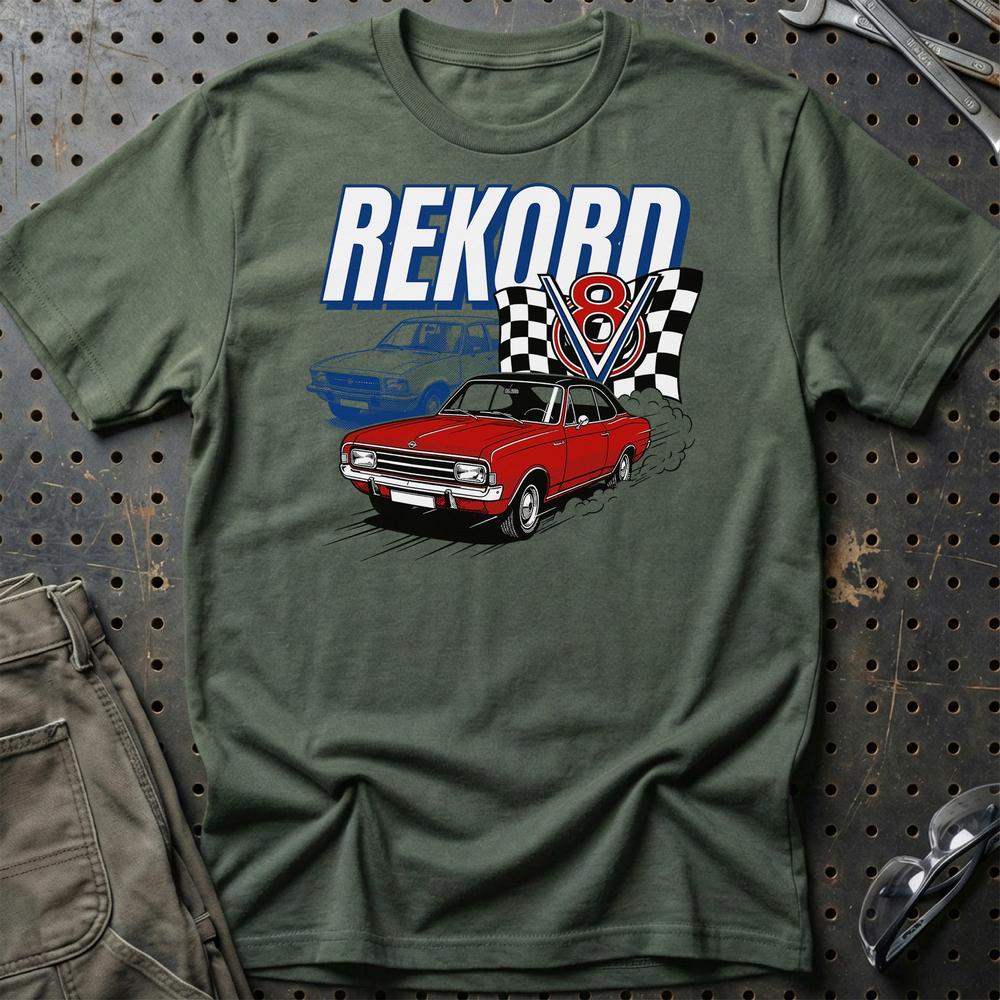 Opel Rekord C D V8 Classic German Street Car T-Shirt-Beklædning-Opel-Grøn Militær-S-Garage Culture Shop- garage - man cave - merchandise