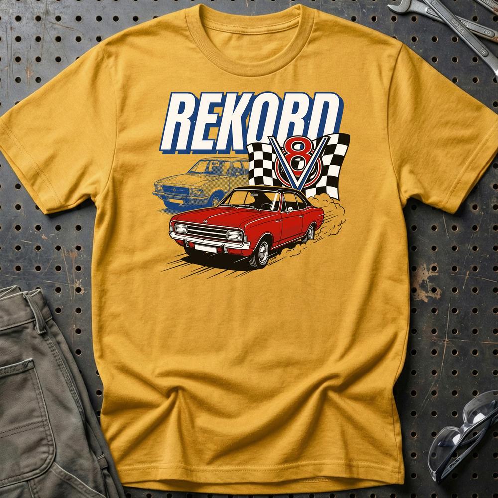 Opel Rekord C D V8 Classic German Street Car T-Shirt-Beklædning-Opel-Guld-S-Garage Culture Shop- garage - man cave - merchandise