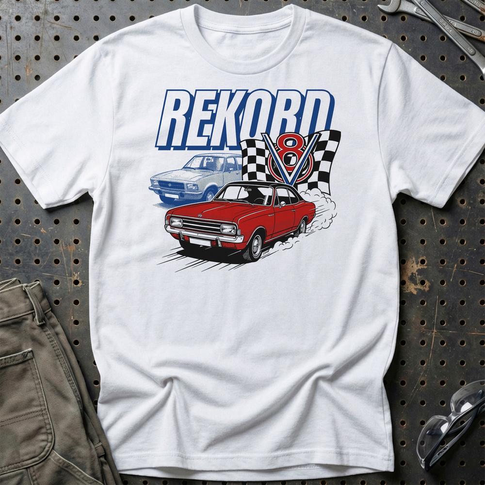 Opel Rekord C D V8 Classic German Street Car T-Shirt-Beklædning-Opel-Hvid-S-Garage Culture Shop- garage - man cave - merchandise