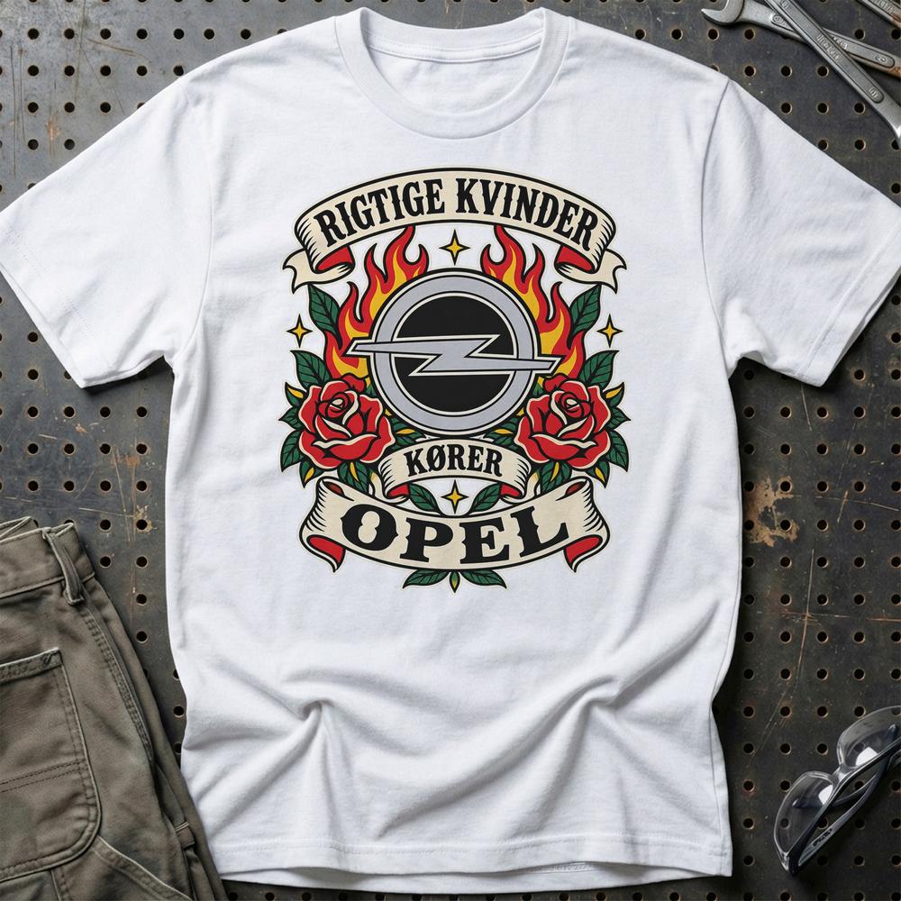 Opel Rigtige Kvinder Kører – Roser og Flammer T-Shirt-Beklædning-Opel-Hvid-S-Garage Culture Shop- garage - man cave - merchandise