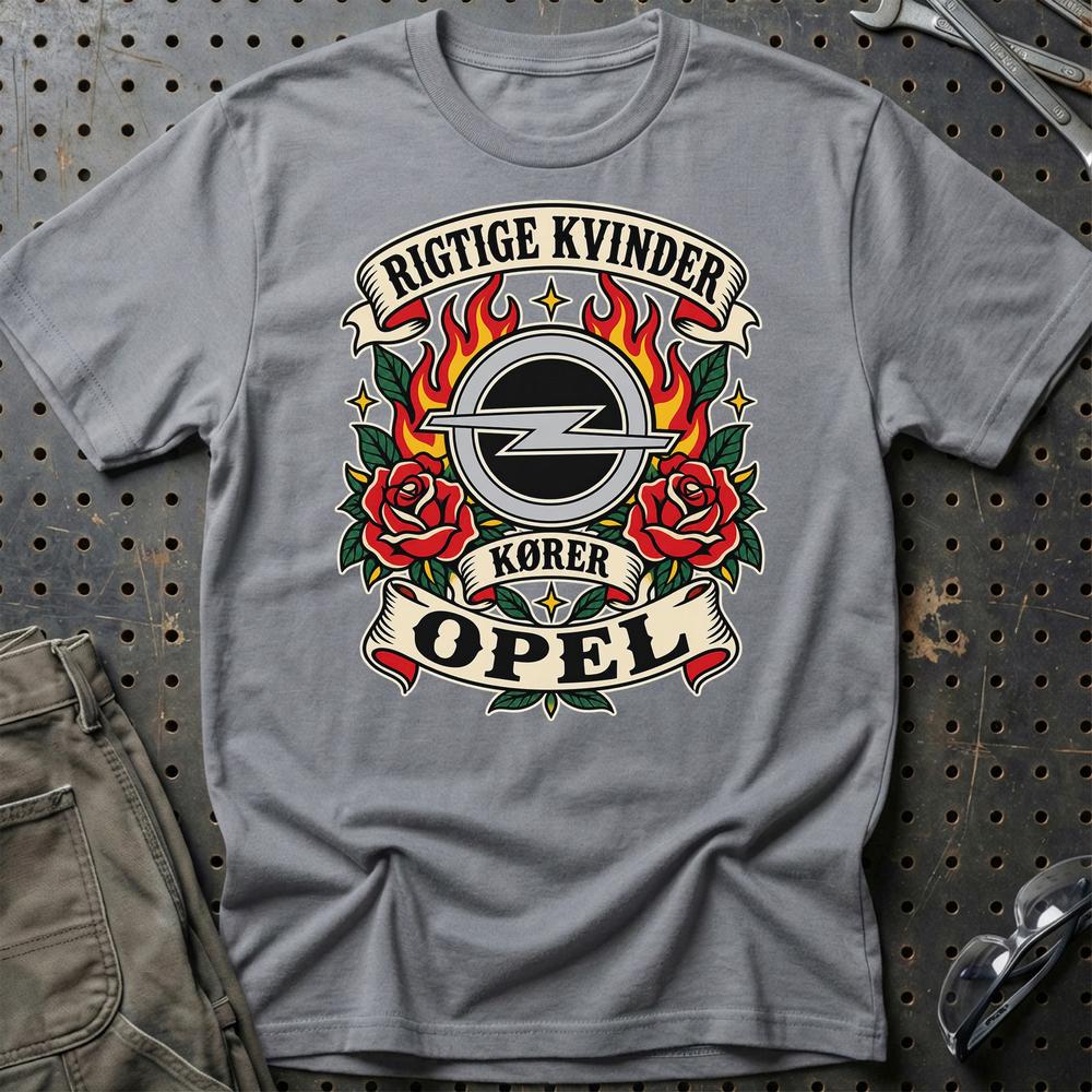 Opel Rigtige Kvinder Kører – Roser og Flammer T-Shirt-Beklædning-Opel-Grå Sport-S-Garage Culture Shop- garage - man cave - merchandise