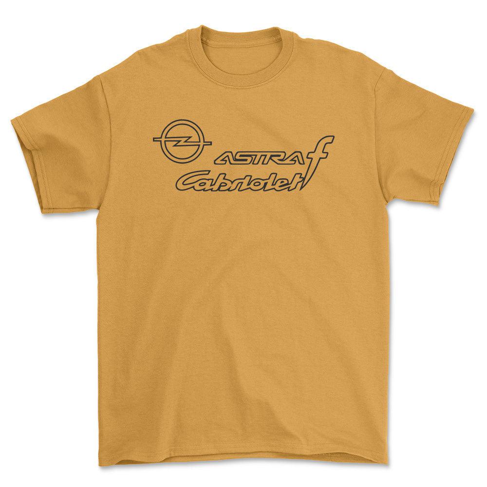 Opel - Rigtige Mænd Kører Opel Astra F Cabrio Unisex T-Shirt , Bomuld-Beklædning-Opel-Guld-S-Forside-Garage Culture Shop- garage - man cave - merchandise