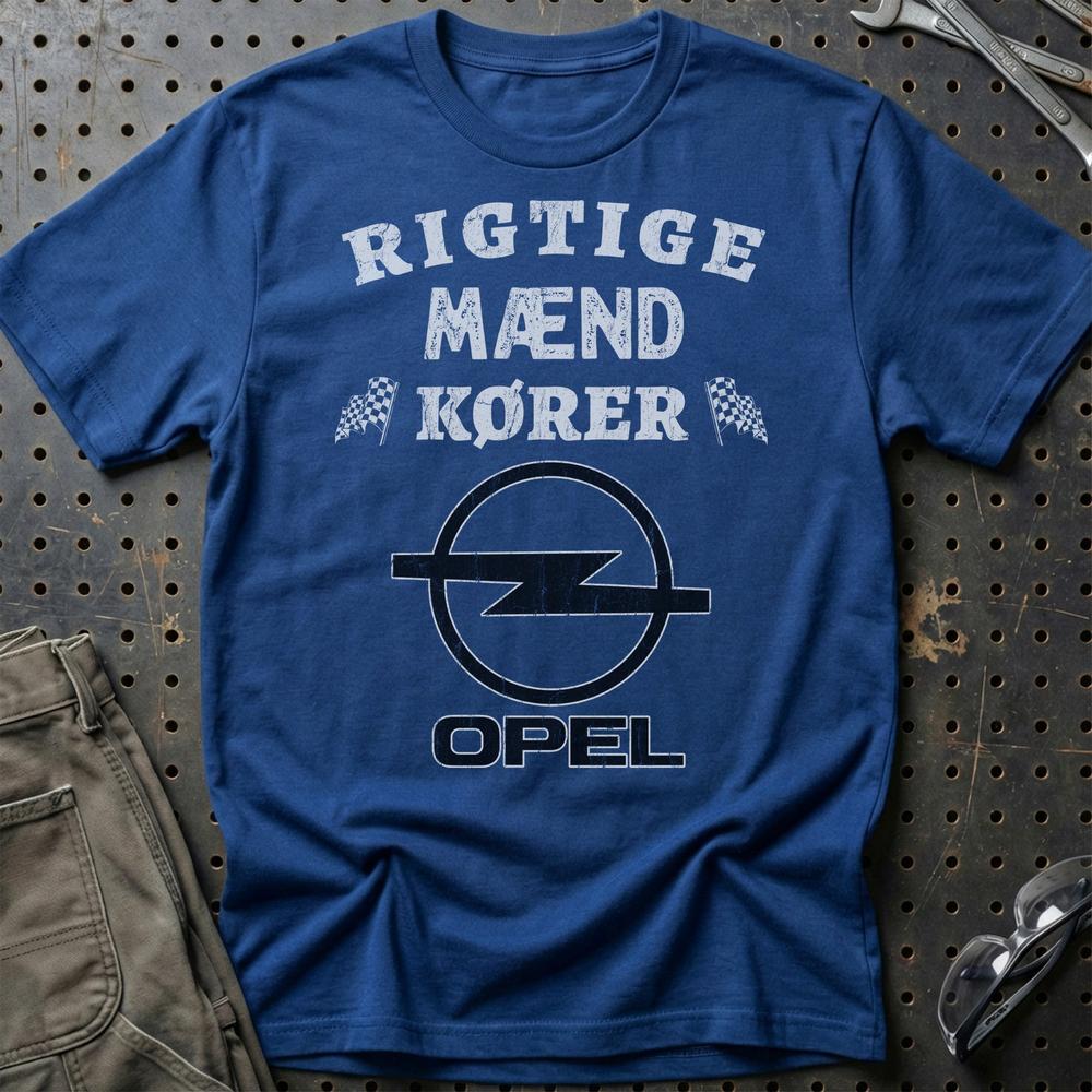 Opel Rigtige Mænd Kører - Unisex T-Shirt , Bomuld-Beklædning-Opel-Blå Royal-S-Garage Culture Shop- garage - man cave - merchandise