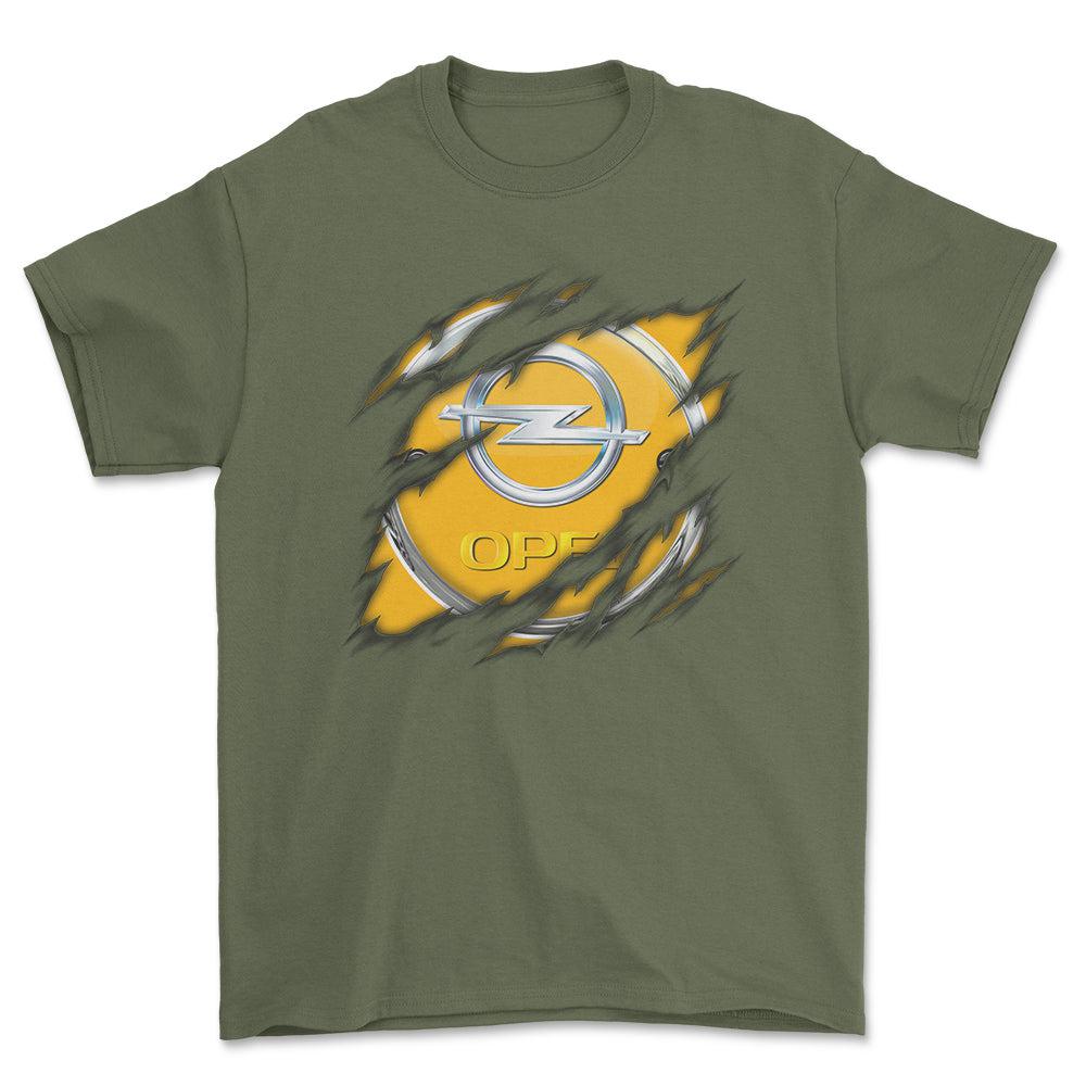 Opel Ripped Unisex T-Shirt , Bomuld-Beklædning-Opel-Grøn Militær-S-Forside-Garage Culture Shop- garage - man cave - merchandise