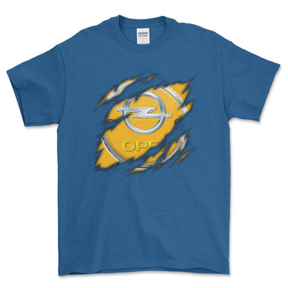 Opel Ripped Unisex T-Shirt , Bomuld-Beklædning-Opel-Blå Royal-S-Forside-Garage Culture Shop- garage - man cave - merchandise