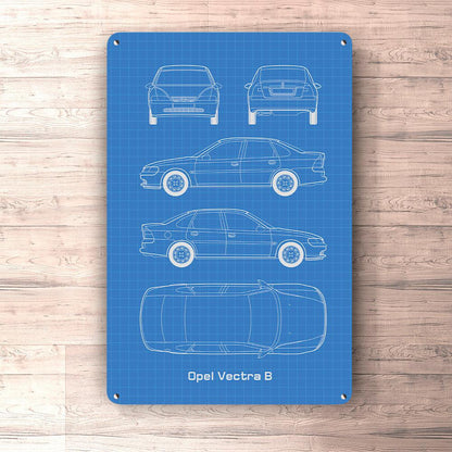Opel Vectra B Blueprint Skilte, Musemåtte, Dørmåtte , Plakat-Blueprint-Opel-Garage Culture Shop- garage - man cave - merchandise