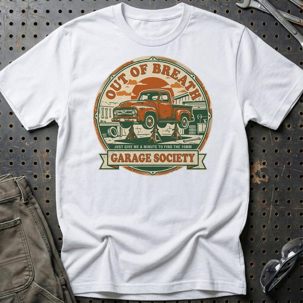 Out Of Breath Garage Society - Unisex T-Shirt , Bomuld-Beklædning-Garage Culture-Hvid-S-Garage Culture Shop- garage - man cave - merchandise
