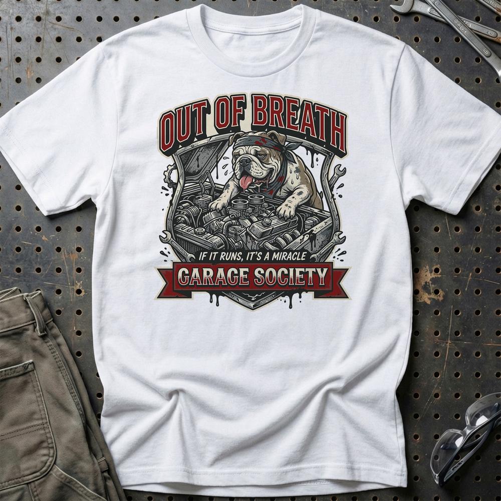 Out Of Breath Garage Society - Unisex T-Shirt , Bomuld-Beklædning-Garage Culture-Hvid-S-Garage Culture Shop- garage - man cave - merchandise