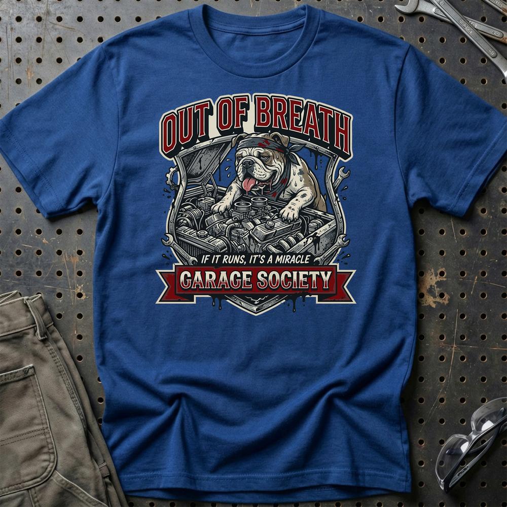 Out Of Breath Garage Society - Unisex T-Shirt , Bomuld-Beklædning-Garage Culture-Blå Royal-S-Garage Culture Shop- garage - man cave - merchandise