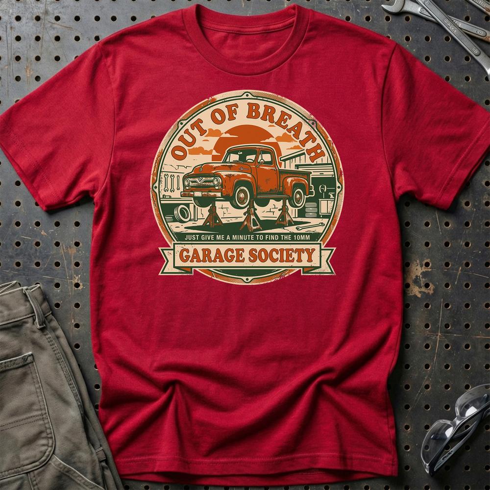 Out Of Breath Garage Society - Unisex T-Shirt , Bomuld-Beklædning-Garage Culture-Rød-S-Garage Culture Shop- garage - man cave - merchandise