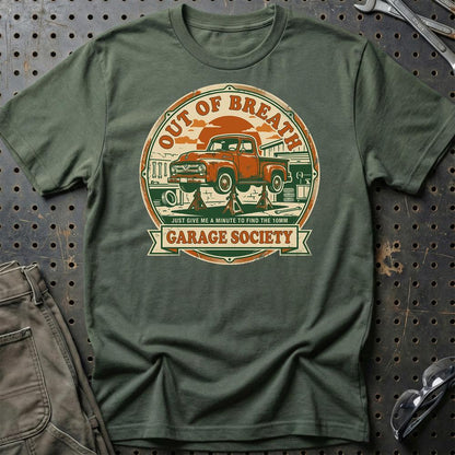 Out Of Breath Garage Society - Unisex T-Shirt , Bomuld-Beklædning-Garage Culture-Grøn Militær-S-Garage Culture Shop- garage - man cave - merchandise