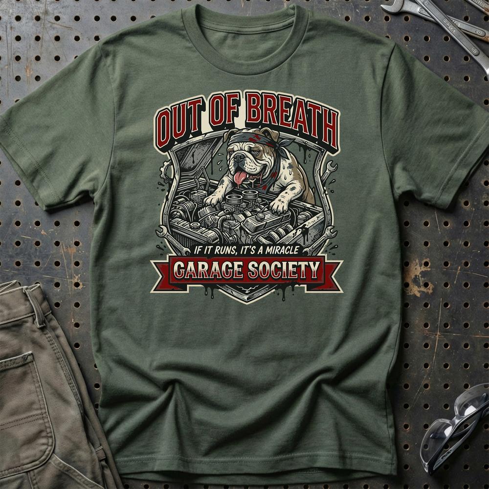 Out Of Breath Garage Society - Unisex T-Shirt , Bomuld-Beklædning-Garage Culture-Grøn Militær-S-Garage Culture Shop- garage - man cave - merchandise