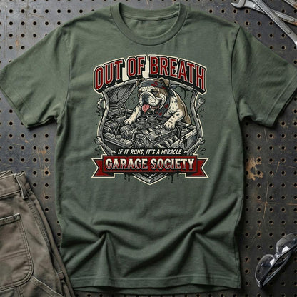 Out Of Breath Garage Society - Unisex T-Shirt , Bomuld-Beklædning-Garage Culture-Grøn Militær-S-Garage Culture Shop- garage - man cave - merchandise