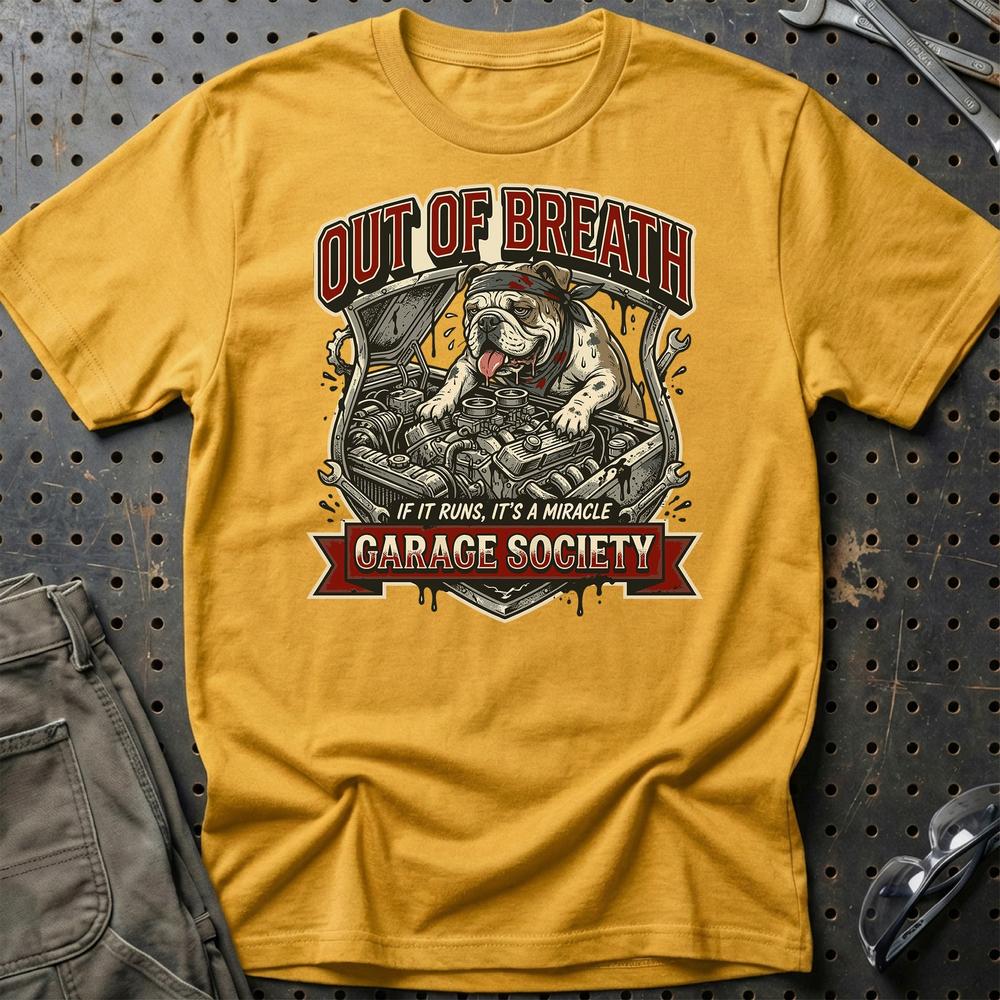 Out Of Breath Garage Society - Unisex T-Shirt , Bomuld-Beklædning-Garage Culture-Guld-S-Garage Culture Shop- garage - man cave - merchandise