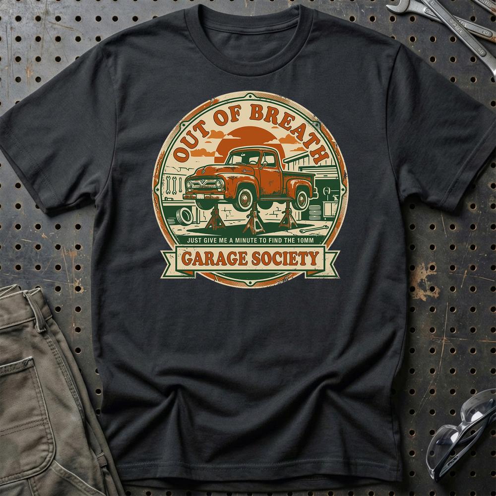 Out Of Breath Garage Society - Unisex T-Shirt , Bomuld-Beklædning-Garage Culture-Sort-S-Garage Culture Shop- garage - man cave - merchandise