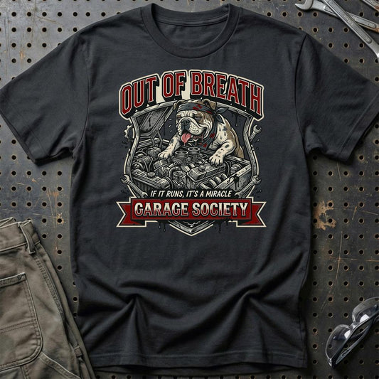 Out Of Breath Garage Society - Unisex T-Shirt , Bomuld-Beklædning-Garage Culture-Sort-S-Garage Culture Shop- garage - man cave - merchandise