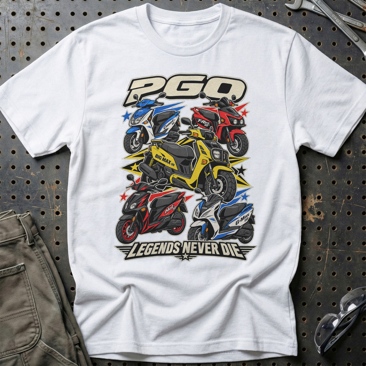 PGO Legends Never Die T-Shirt-Beklædning-PGO-Hvid-S-Garage Culture Shop- garage - man cave - merchandise
