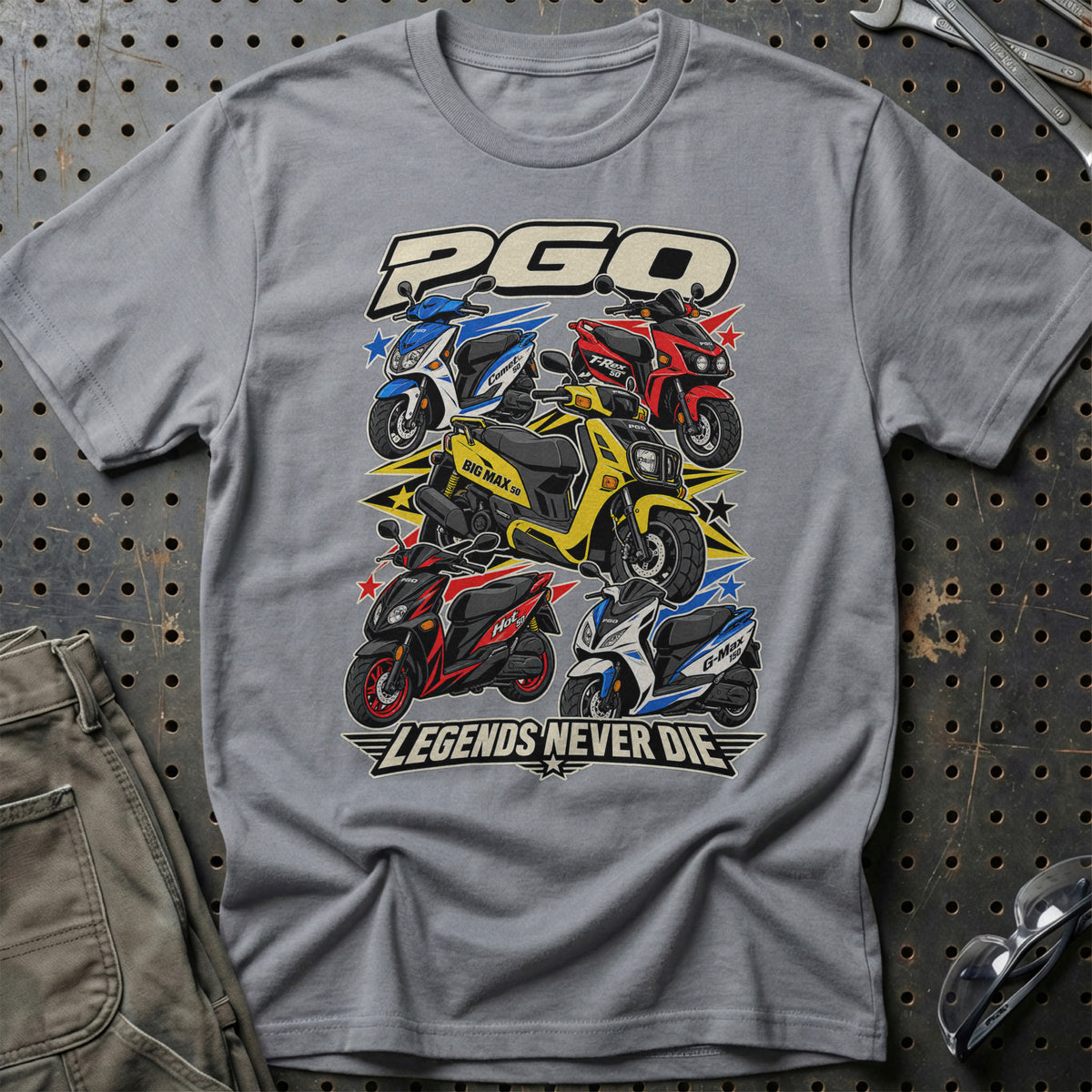 PGO Legends Never Die T-Shirt-Beklædning-PGO-Grå Sport-S-Garage Culture Shop- garage - man cave - merchandise