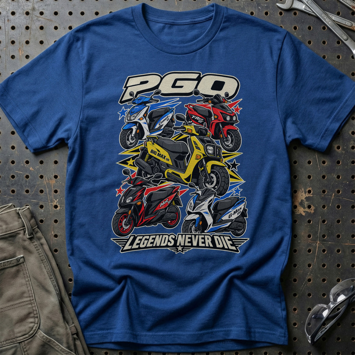 PGO Legends Never Die T-Shirt-Beklædning-PGO-Blå Royal-S-Garage Culture Shop- garage - man cave - merchandise