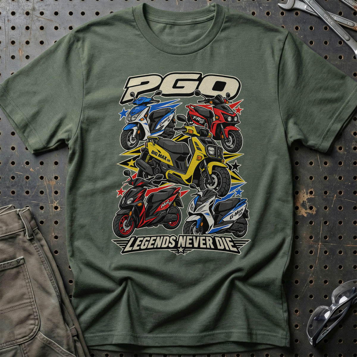 PGO Legends Never Die T-Shirt-Beklædning-PGO-Grøn Militær-S-Garage Culture Shop- garage - man cave - merchandise