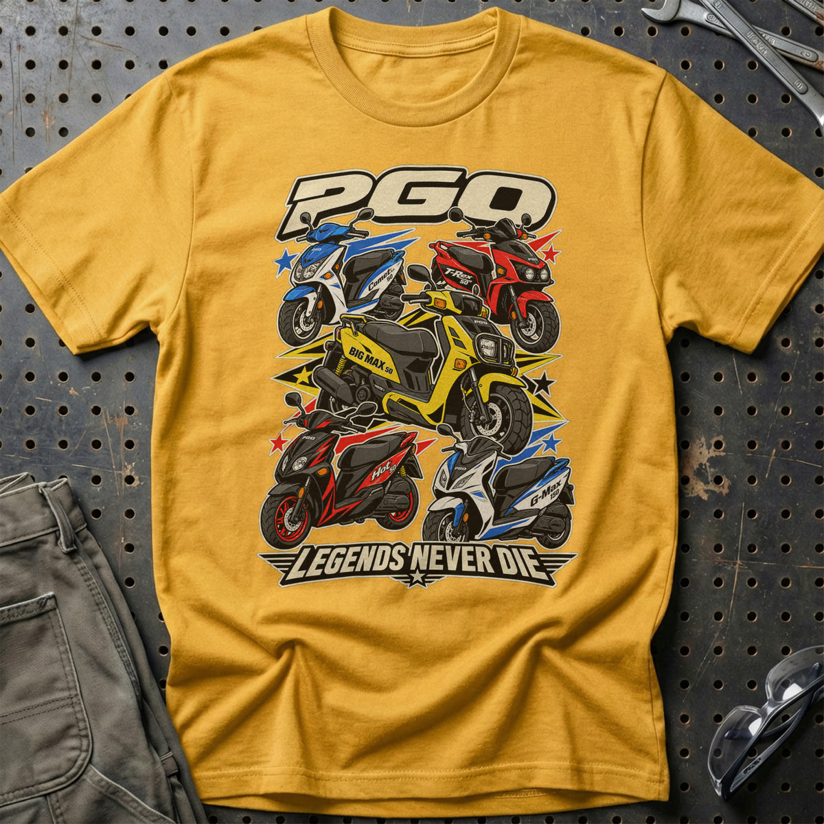 PGO Legends Never Die T-Shirt-Beklædning-PGO-Guld-S-Garage Culture Shop- garage - man cave - merchandise