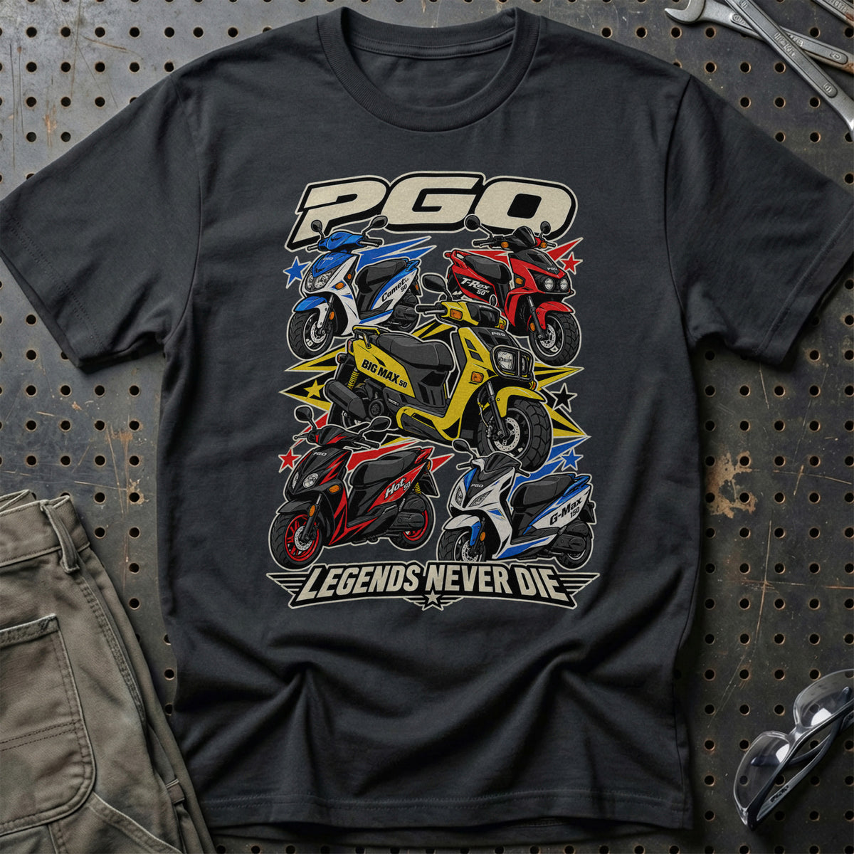 PGO Legends Never Die T-Shirt-Beklædning-PGO-Sort-S-Garage Culture Shop- garage - man cave - merchandise