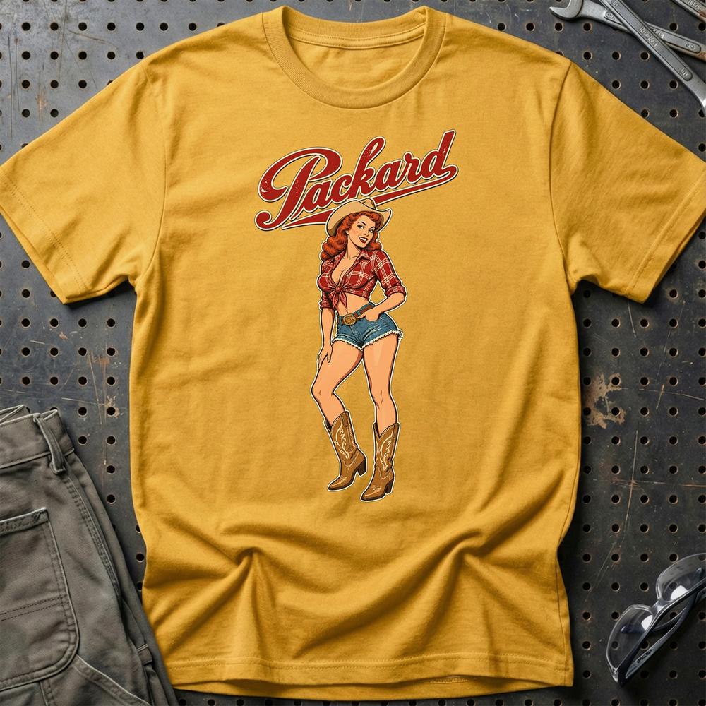 Packard Cowboy Pinup T-Shirt-Beklædning-Packard-Guld-S-Garage Culture Shop- garage - man cave - merchandise