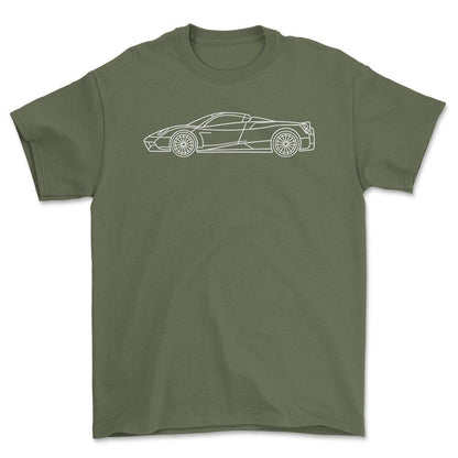 Pagana Huayra Roadster Outline - Unisex T-Shirt , Bomuld-Beklædning-Pagana-Grøn Militær-S-Forside-Garage Culture Shop- garage - man cave - merchandise