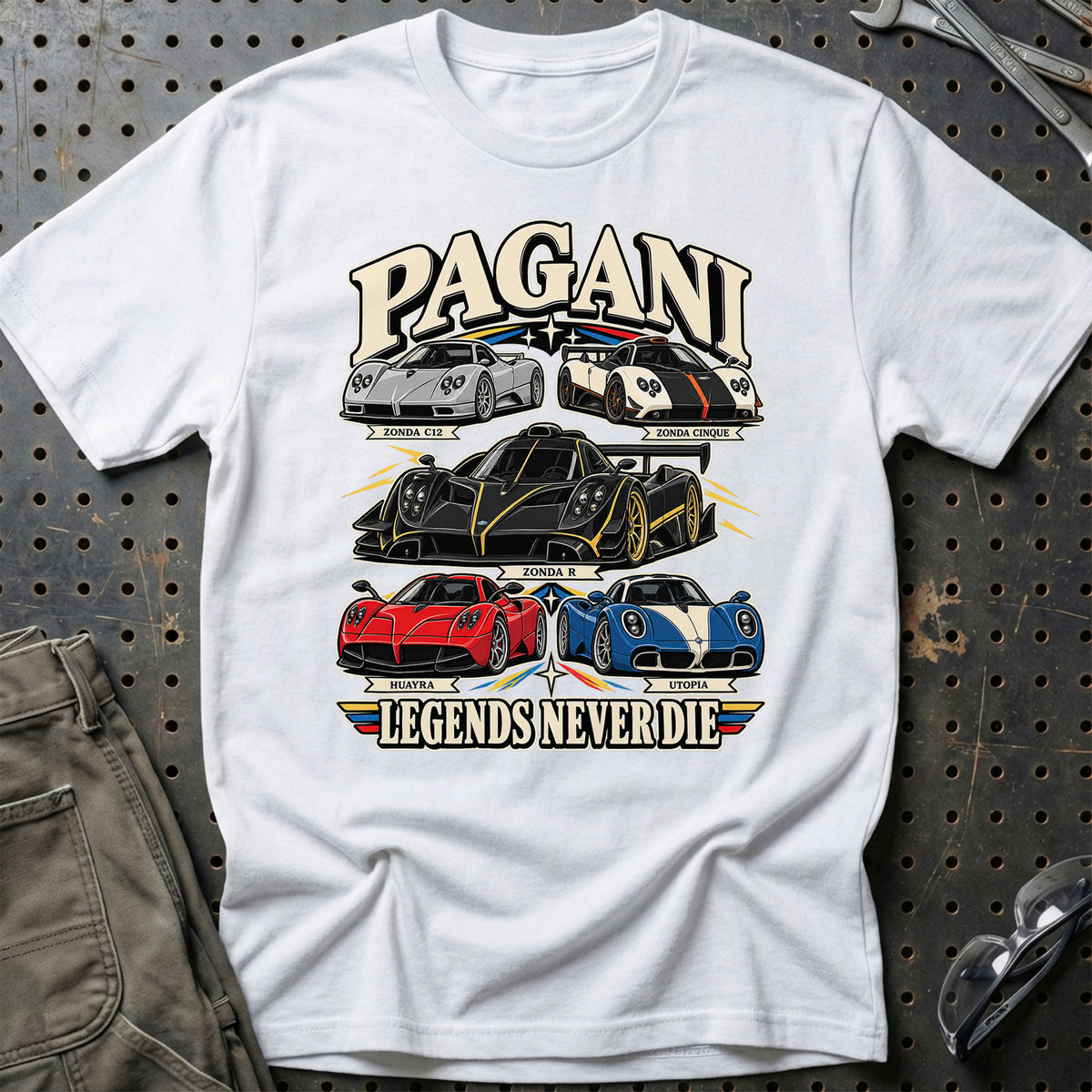 Pagani Legends Never Die T-Shirt-Beklædning-Pagani-Hvid-S-Garage Culture Shop- garage - man cave - merchandise