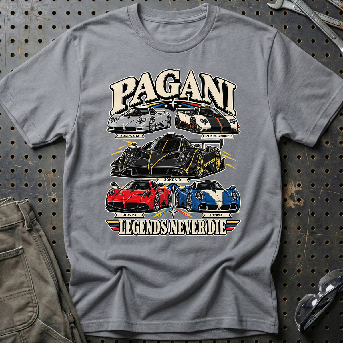Pagani Legends Never Die T-Shirt-Beklædning-Pagani-Grå Sport-S-Garage Culture Shop- garage - man cave - merchandise